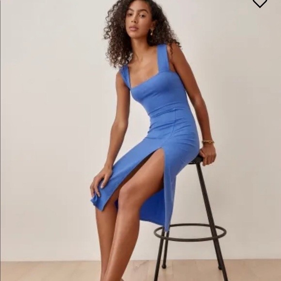 Reformation Dresses & Skirts - Reformation Cassi Midi Dress Ribbed Knit Blue Dusk Side Slit Square Neck XL